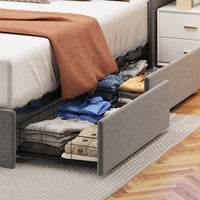 Full Size Platform Bed with LED,Linen Fabric Upholstery Platform Bed Frame with Wings Storage Headboard Design and 4 Drawers,Light Grey