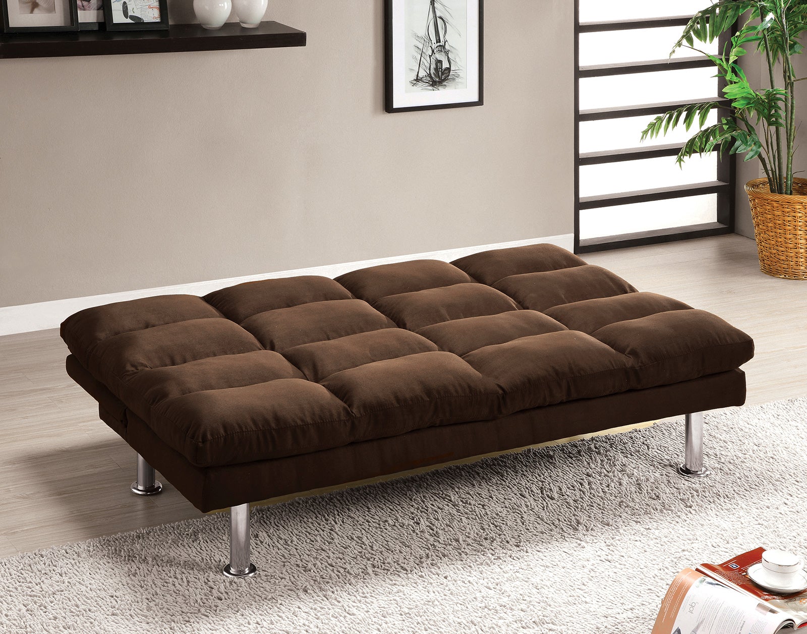 Triple Tree Contemporary Style Futon Sofa Bed Microfabric Converted Into Bed Wit Extra Leg Support Chrome Base Legs Dark Brown Finish