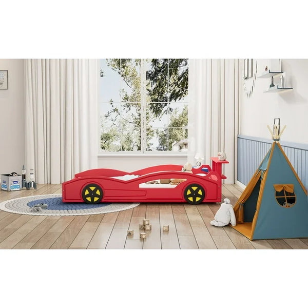 Twin Size Wooden Race Car Bed,Modern Car-Shaped Platform Twin Bed with Wheels, Storage Headboard, Sport Car Shaped Bed Frame For Teens, Red & Yellow