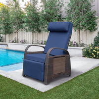 Patio Lounge Chair, PE Wicker Adjustable Outdoor Recliner Chair with Flip-Up Side Table, Reclining Chair with Removable Soft Cushion, for Garden Backyard Poolside,Blue