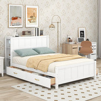 Full Size Bed Frame with 4 Storage Drawers, Wood Full Size Platform Bed with Storage Shelves Headboard, Full Storage Bed with Support Legs for Girls Boys, No Box Spring Needed, White