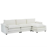 Chenille Fabric Modular Sofa with Footstool, L-Shape Couch with Armrests and Double Layer Seat Cushion, 3-Seat Convertible Sectional Sofa for Bedroom, Living Room, Apartment, White