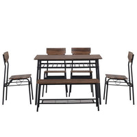 6-Piece Dining Set with Storage Racks, Modern Dining Table Set with Rectangular Table, Bench and 4 High Backrest Chairs for 6 Person with Steel Frame for Dining Room Living Room Kitchen, Natural