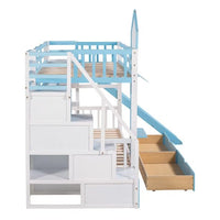 Wood Bunk Bed, Twin-Over-Twin Castle Style Bunk Bed with 2 Drawers and 3 Shelves, Playhouse Inspired Bunk Bed with Slide and Storage Staircase, No Box Spring Needed, Blue