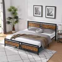 Metal Platform Bed,King Size Platform Bed Frame with Wood Headboard & Footboard,Heavy Duty Platform Bed with Metal Slat Support and Underbed Storage for Bedroom,No Box Spring Needed,Rustic Brown
