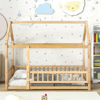 Twin Floor Bed for Kids, Wooden House Bed Frame with Roof, Fence Guardrails, Montessori Bed for Toddlers Girls Boys, Natural