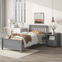 Full Size Platform Bed with Nightstand, Solid Wood Platform Bed Frame with Headboard and Footboard for Boys, Girls Teens, Gray