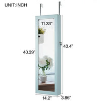 Jewelry Storage Cabinet Mirror, Modern Hanging Wall Cabinet with LED Lights and Inner Storage Shelves, Fashion Locking Storage Cabinet with Metal Hook for Living Room, Easy Assembly, Blue