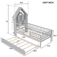 Twin Bed Frame with Fence Railings and Trundle, Wood Twin Size Platform with House Shaped Storage Headboard for Boys Girls, Montessori Safety Guardrails Design, No Box Spring Needed, Gray