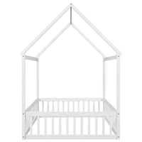 Full Size Floor Bed, Wood House Bed with Safety Fence and Door, Montessori Floor Bed with Roof, Floor Bed Frame for Children Boys and Girls, White
