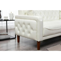Mid Century Couches, 3-Seat PU Leather Love Seat Sofa with 2 Throw Pillows, Armrest and Wooden Legs, Button Tufted Upholstered Loveseats for Living Room, Bedroom, Office, Apartment (Ivory)