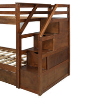 Hardwood Twin-Over-Twin Bunk Bed with Twin Size Trundle, 3 Storage Stairs and Full-length Guardrail, Solid Wood Bunk Bed for Kids Adult, 94.4"L x 42.4"W x 61.4"H, Walnut