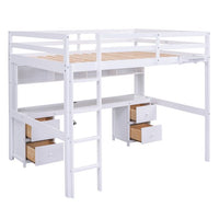 Full Size Loft Bed with Charging Station Multifunctional Loft Bed with Desk, Cabinets, Drawers and Bedside Tray, Solid Wood Loft Bed Frame with Built-in Ladder and Full-Length Guardrails, White