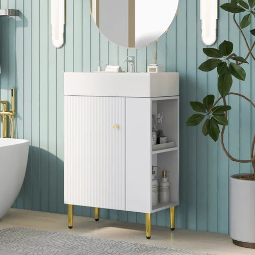 Bathroom Vanity, Cabinet with Undermount Sink Overflow White Drop in Ceramic Sink Top, 21.6" Bathroom Vanity, Solid Structure, Easy Assemble, Right side storge