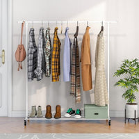 Garment Rack With Wheels, Clothing Rack with Mesh Storage Shelf and 2 Brakes, Capacity 100 lbs, Sturdy Steel Frame, White