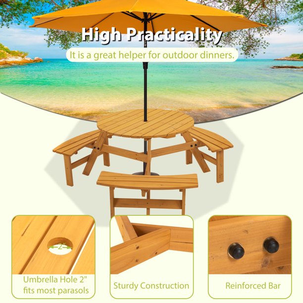 Wooden Outdoor Table Garden Round Picnic Table with Bench, Patio Table Wth Umbrella Hold Design, Table and Chair Set, Perfect for Outdoor Garden Yard Pub Beer Dining, Natural