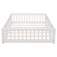 Full Size Floor Bed for Toddlers and Kids, Solid Wood Montessori Floor Bed with Safety Fence Rail and Small Door, Durable Montessori Bed Frame with Sturdy Slats Support for Boys and Girls, White