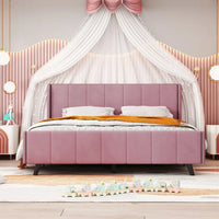 Queen Bed Frame, Velvet Upholstered Platform Bed with Tufted Headboard and 10 Wooden Slats, Modern Platform Bed Frame for Kids Teens Adults, Pink