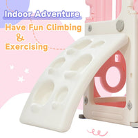 Toddler Climb and Slide Set 4 in 1, Freestanding Playground Climber Slide Play Combination Set with Fold-Up Basketball Hoop and Driving Game Space, Indoor Outdoor Toys Games Set for Kids Teens, Pink