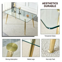 63" Glass Dining Table for 4-6 People, Modern Rectangular Glass Kitchen Table with Golden Legs, Small Dining Room Table for Living Room, 300lbs Capacity