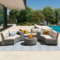 9-Piece Outdoor Wicker Round Sofa Set, Half-Moon Sectional Patio Sofa Set with Side Table, Curved Sofa Set With Round Coffee Table, Steel Legs, Movable Cushion, Beige Cushion & Gray Frame