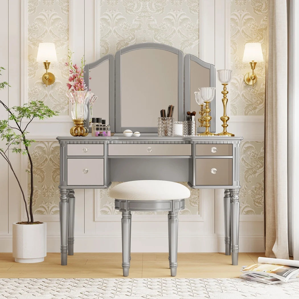 43" Luxury Dressing Table Set, Mid-centery Dresser with Tri-fold Mirror, 5 Drawers, Stool, Baroco Style Makeup Vanity Set for Bedroom, Living Room, Silver