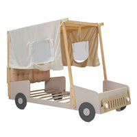 Full Size Car Canopy Bed with Ceiling Cloth and Upholstered Headboard, Platform Bed Frame with Light, Car-Shape Bed Frame with Wheels for Toddler Children Boys Girls,Natural