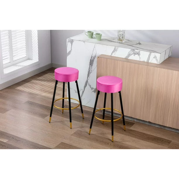 Set of 2 Round Velvet Stools Upholstered, 24 Inches Height Stools with Golden Footrest for Kitchen Island Coffee Shop Bar Home and Balcony, Fuchsia