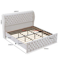King Size Upholstered Platform Bed,Velvet Fabric Bed Frame with Button Tufted Headboard,Wingback Platform Bed with Wooden Slats,White