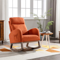 Modern Rocking Chair Nursery Upholstered Glider Chair with Side Pocket, Comfortable Rocking Accent Armchair with High Back and Rubber Wood Legs for Living Room Bedroom Reading Room Lounge, Orange