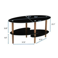 Oval Glass Coffee Table,Center Coffee Table Perfect for Living Room/Small Places,3-Tier Glass Coffee Table with Oak Legs,8mm Thick Tempered Glass Tea Table with Non-Slip Foot Pads-Black