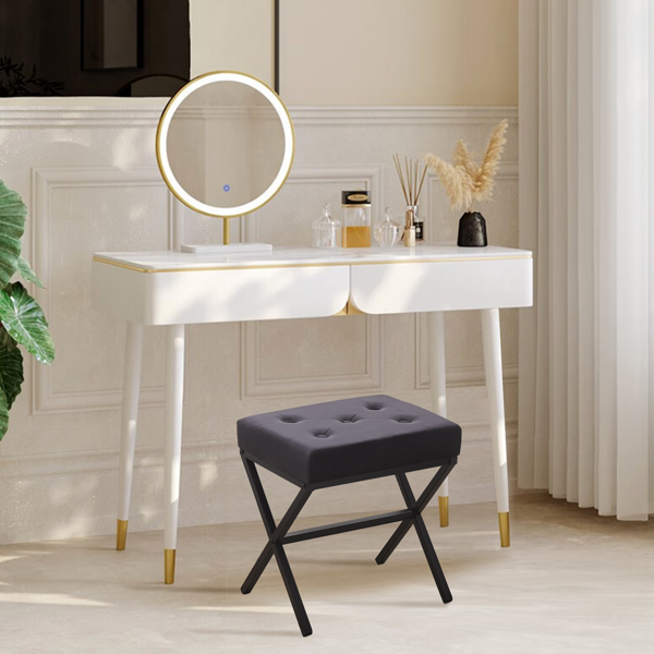 TRIPLE TREE Tufted Ottoman Foot Vanity Stool Thickened Cushion Metal X Leg Shoe Changing Step Stool for Living Room Bedroom Black