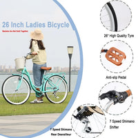 Women 26 Inch Bike with Steel Frame and Leather Saddle, Bicycle Frame with Front and Rear wheel, 7-Speed Drivetrain and Rear Rack, 26 Inch Bike for Road, Seaside and Travel