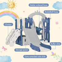 5 in 1 Toddler Slide and Swing Set, Kids Playground Climber Slide Playset with Basketball Hoop Freestanding Combination, Indoor & Outdoor Toys for Babies Kids, Blue
