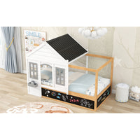 Twin Size House Shaped Canopy Bed, Fun House Bed with Black Roof, White Window, Blackboard, Little Shelf, Multi-functional Bed Frame for Children, White