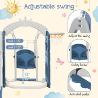 5-in-1 Toddler Slide and Swing Set, Indoor Outdoor Slide Climber Bus Playset with Basketball Hoop Freestanding Combination, Kids Playground Climber Slide Playset, Outdoor Playground Slide, Blue+Gray