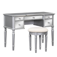 43" Luxury Dressing Table Set, Mid-centery Dresser with Tri-fold Mirror, 5 Drawers, Stool, Baroco Style Makeup Vanity Set for Bedroom, Living Room, Silver
