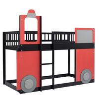 Train Shaped Bunk Bed with Window, Wood Twin Over Twin Loft Bed Frame with Full-Length Guardrail & Ladders, Multifunctional Floor Loft Bunk Bed for Boys Girls, Space-Saving, No Box Spring Needed, Red