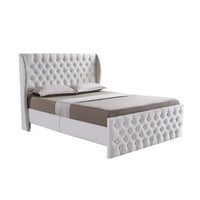 King Size Upholstered Platform Bed,Velvet Fabric Bed Frame with Button Tufted Headboard,Wingback Platform Bed with Wooden Slats,White