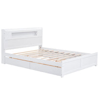 Queen Size Bed Frame w/Twin Trundle & 2 Storage Drawers, Wooden Platform Bed w/Slat Support and LED Headboard, No Box Spring Needed, for Kids Teens Adults Bedroom (White)