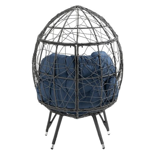 Oversized Rattan Wicker Egg Chair, Patio Egg Basket Chair with Soft Cushion, Teardrop Cuddle Seat & Sturdy Steel Frame, for Living Room, Backyard, Balcony, Patio,Navy Blue