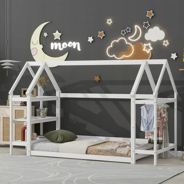 Twin Size Floor Bed for Children, Wooden Montessori Bed Frame with 2 Detachable Stands and Roof Frame, House-Shaped Bed Low Tent Bed for Girls Boys and Teens, White