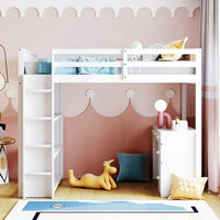 Full Size Loft Bed with 4 Drawers Desk and 3-layer Shelves, Wooden Bed Frame with Safety Guardrail & Ladder, Space-Saving 3-in-1 Bed Frame, Loft Bed for Kids, Teens, Adults, No Spring Required, White