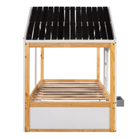 Twin Size House Shaped Canopy Bed, Fun House Bed with Black Roof, White Window, Blackboard, Little Shelf, Multi-functional Bed Frame for Children, White