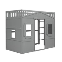 Twin Size Loft Bed with Windows and Door, Solid Wood Loft Bed Frame with Ladder and Safety Guardrails House Loft Bed for Kids Boys Girls, No Box Spring Needed, Gray