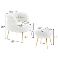 Accent Chair with Ottoman, Velvet Upholstered Barrel Chair and Ottoman Set for Loving Room, Modern Comfy Armchair and Footrest with Metal Legs for Living Room, Bedroom, Reading Room, White