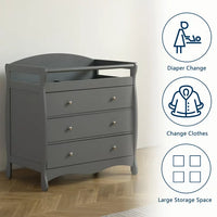 Changing Table with 3-Drawer, Wooden Nursing Table with Safety Rail and Strap, Baby Diaper Changing Dresser for Bedroom, Easy Assembly, Grey