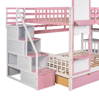 Wood Bunk Bed, Full-Over-Full Castle Style Bunk Bed with 2 Drawers and 3 Shelves, Playhouse Inspired Bunk Bed with Slide and Storage Staircase, No Box Spring Needed, Pink