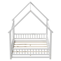 Queen Size Montessori Floor Bed Frame with Slats and Fence, Wooden House Bed for Boys Girls Bedroom, White