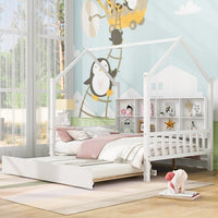 Full Size House Bed with Trundle and Shelf, Wood Daybed Frame with Roof Design, Platform Bed with Headboard and Footboard, No Box Spring Needed, White
